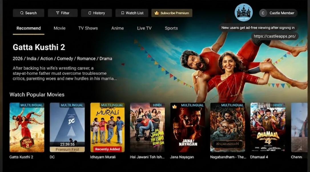 Castle For PC 2 Castle APK for PC interface showing movies and TV shows on a desktop screen, including Gatta Kusthi 2 and other popular movies, with a Castle Member profile area.