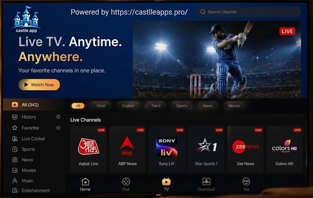 Castle tv apk 1 Castle app Live TV interface showing live cricket, channel categories, and live channels including Aaj Tak, ABP News, Sony LIV, Star Sports 1, Zee News, and Colors HD, with Home, Find, TV, Download, and Me navigation options.
